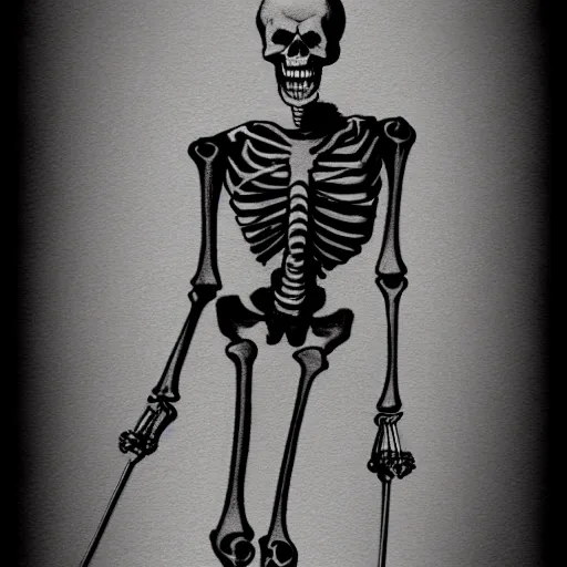 Image similar to pencil sketch of a skeleton with a cane sprinting, concept art