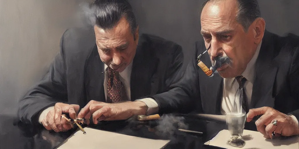 Image similar to beautiful oil matte portrait painting, mafia boss smoking at his 5 0 s new york office desk, wonderful masterpiece highly detailed, beautiful cinematic light deep focus, elegant, digital painting, smooth, sharp focus, golden ratio, dramatic illumination, ultra realistic, 8 k, art by jimmy law