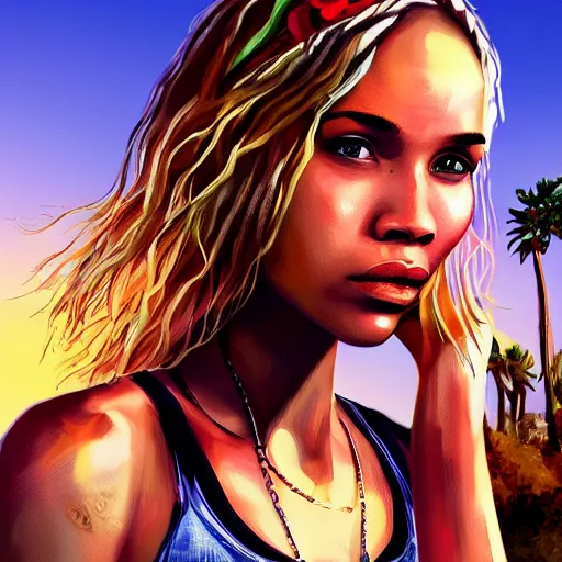 Image similar to zoe kravitz as a california surfer girl, gta 5 cover art, hd digital art, trending on artstation