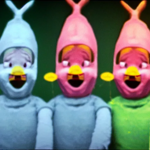 Prompt: conehead Teletubbies smoking cigarettes, vhs tape glitch