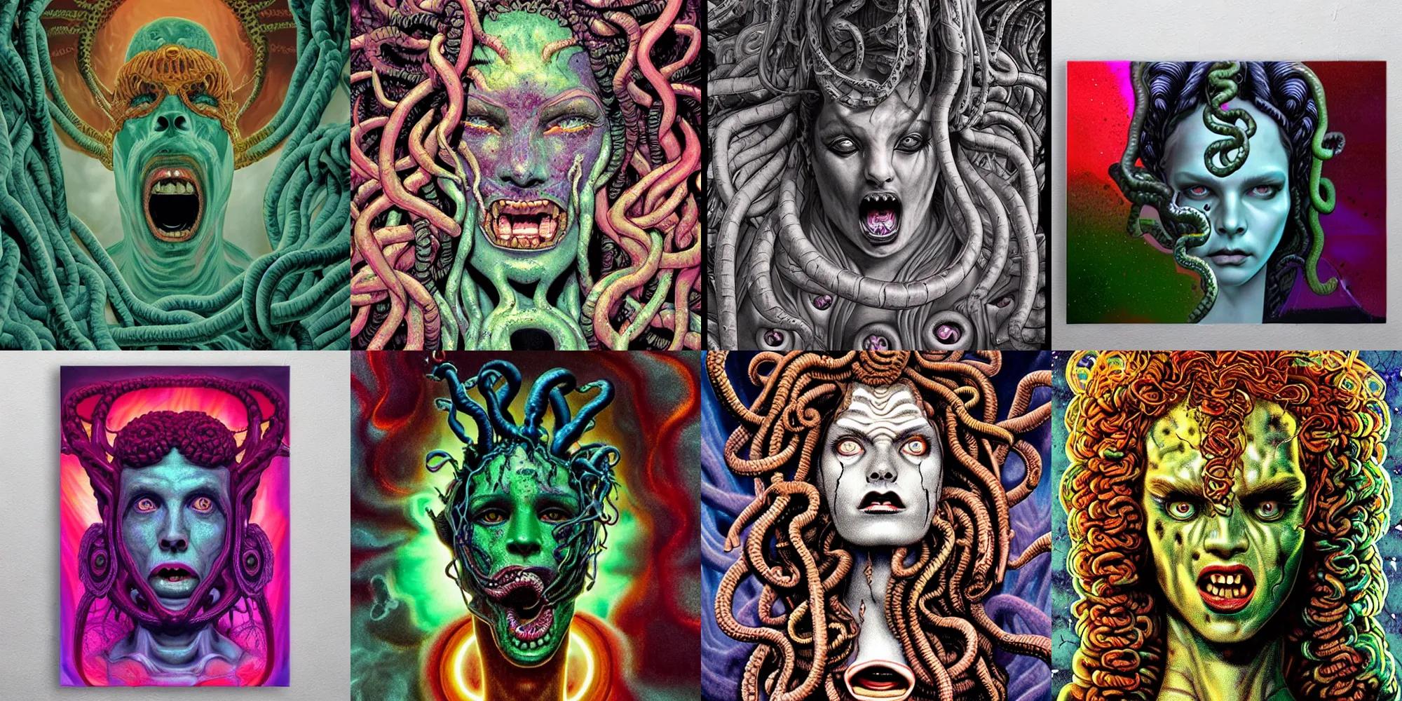 Prompt: medusa gorgon head, horror poster 9 0 s, cosmic horror, abstract, ghostly, arcade, duotone, poltergeist, lets get weird, intricate, elegant, highly detailed, digital painting, artstation, smooth, sharp focus, art by mondo, julian del rey and greg rutkowski, david la chapelle, ultraviolet colors,