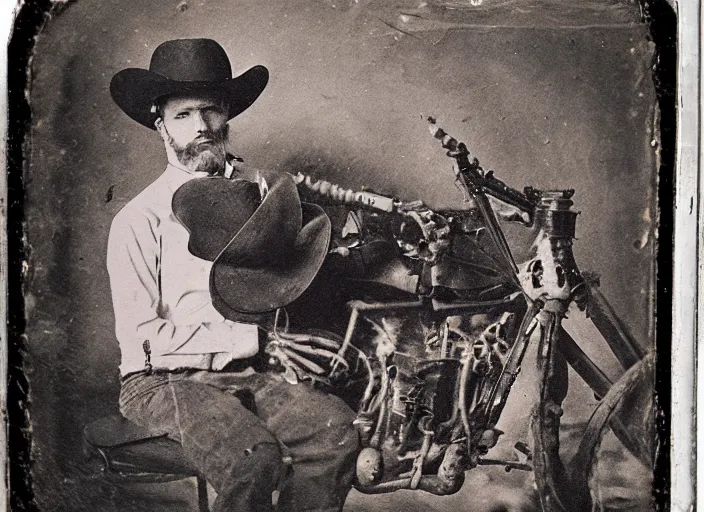 Prompt: tintype photograph of an renegade skeleton cowboy outlaw at a busy saloon in the old west, alcohol, old player piano, wide angle, volumetric lighting, cinematic, bokeh