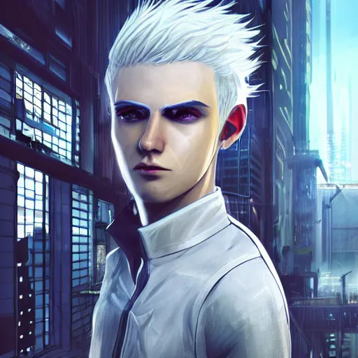 Image similar to boy with white hair in a cyberpunk world, and mechanical buildings, artstation, digital art, highly detailed, intricate, unreal engine, fine detail, smooth, sharp focus, detailed face