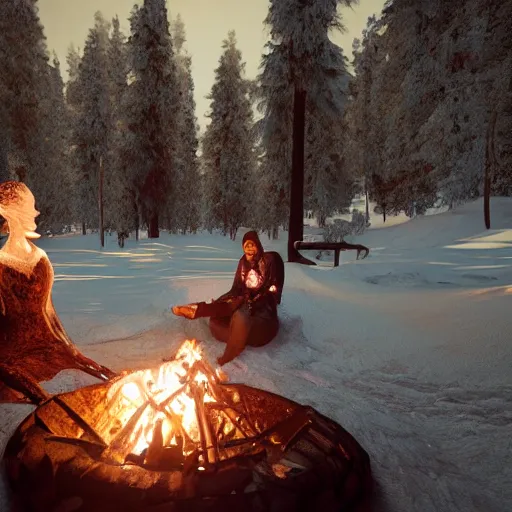 Prompt: a beautiful woman made out of snow and ice sitting by a campfire and slowly melting, by iris van herpen, unreal engine 5, outdoor campfire pit