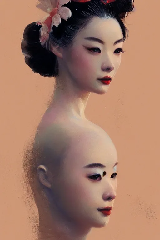 Image similar to geisha prima ballerina, gorgeous, ethereal, close-up portrait, intricate, elegant, volumetric lighting, scenery, digital painting, highly detailed, artstation, sharp focus, illustration, concept art, ruan jia, steve mccurry