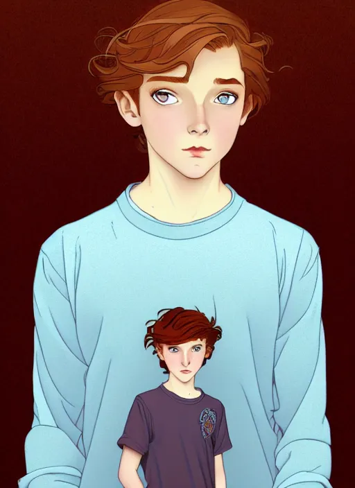 Image similar to art nouveau portrait of a teen boy with completely straight auburn hair, light blue eyes, pale skin, freckles, sad expression, t - shirt, modern casual clothing, natural lighting, path traced, highly detailed, high quality, cartoon, digital painting, by don bluth and ross tran and studio ghibli and alphonse mucha