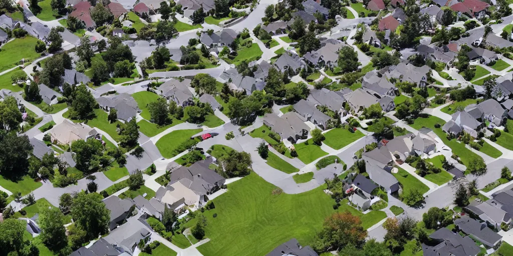 Image similar to an aerial view of a suburban neighborhood surrounded by a moat