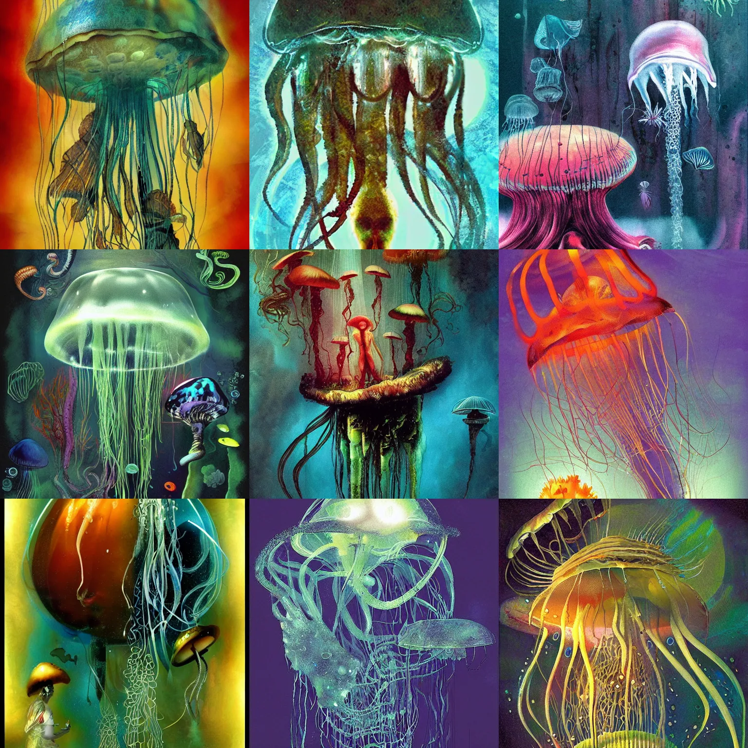 Prompt: a deep underwater, jellyfish, psychedelic, mushrooms, dream, by dave mckean, artstation