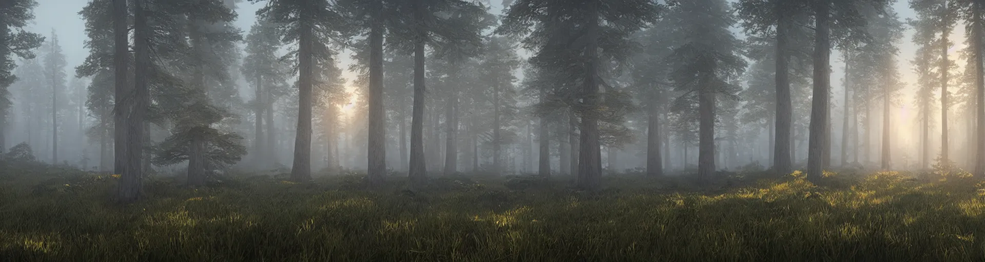 Prompt: deep forest of foggy pine trees, majestic landscape, dusk, very detailed, octane render, realistic, 8 k, unreal engine 5, dramatic, volumetric, greg rutkowski