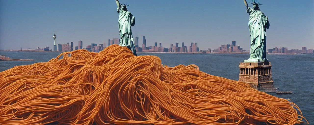 Image similar to a large ship transporting spaghetti in hudson river, background of the statute of liberty, canon 5 0 mm, photography, film, kodachrome