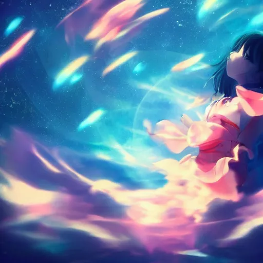 Image similar to Anime girl flying through space with a lucid dream feeling, cinematic, beautiful colours, pretty composition