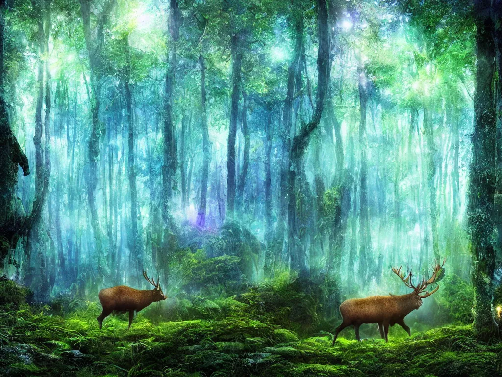 Image similar to a fantasy beautiful dense biorelevant rainforest setting, ultrawide angle, a large blue glowing elk herd, surround it with pixie dust ether floating in the air, hdr, epic scale, cmyk, deep spectrum color