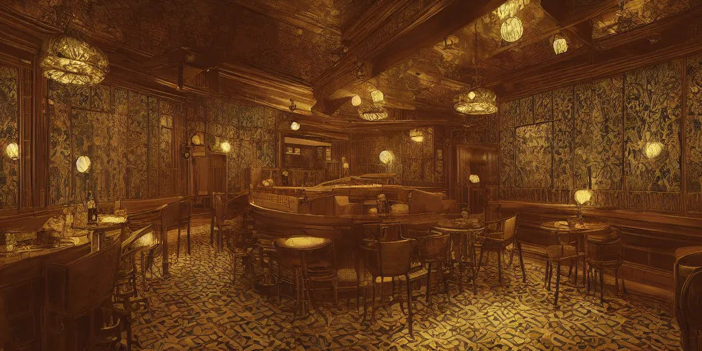 Prompt: prohibition era speakeasy, interior design by william morris, beautiful dramatic lighting, 8 k illustration, golden hour intricate, richly detailed, photorealistic imagery, artstation render inspired by victo ngai