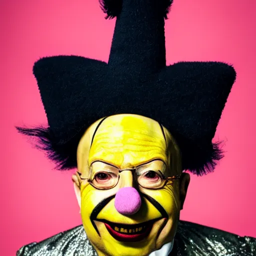 Prompt: UHD candid photo of Klaus Schwab dressed as flamboyant emperor wearing dunce cap, wearing extremely accurate clown makeup, accurate face, UHD, photorealistic, correct face, photo by Annie Leibowitz