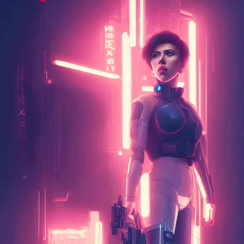 Image similar to 3 / 4 portrait, scarlett johansson as major mira killian from ghost in a shell, night, crop top, beautiful, in a modern city, neon signs, jewelry, artstation, william bouguereau, rossdraws, greg rutkowski, super detailed, realistic, octane render, volumetric, cinematic, 8 k