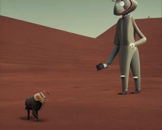 Image similar to Anthropomorphic Animatronic walking beef machine, painting by Grant Wood, 3D rendering by Beeple, directed by Wim Wenders, cinematography by Robby Müller