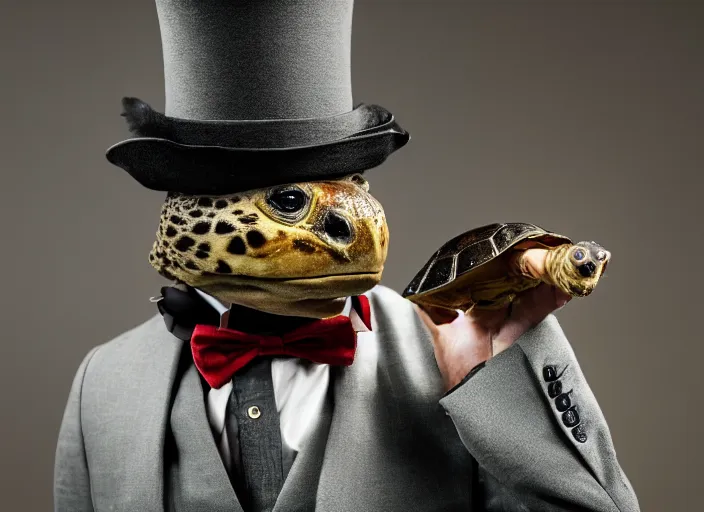 Prompt: photo still of a tortoise wearing a top hat and bowtie, 8 k, studio lighting bright ambient lighting key light, 8 5 mm f 1. 8