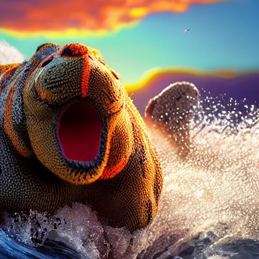 Image similar to a closeup photorealistic photograph of a cute smiling knitted tiger hippopotamus riding a large wave at sunset. surf in the background. professional capture. brightly lit scene. this 4 k hd image is trending on artstation, featured on behance, well - rendered, extra crisp, features intricate detail, epic composition and the style of unreal engine.