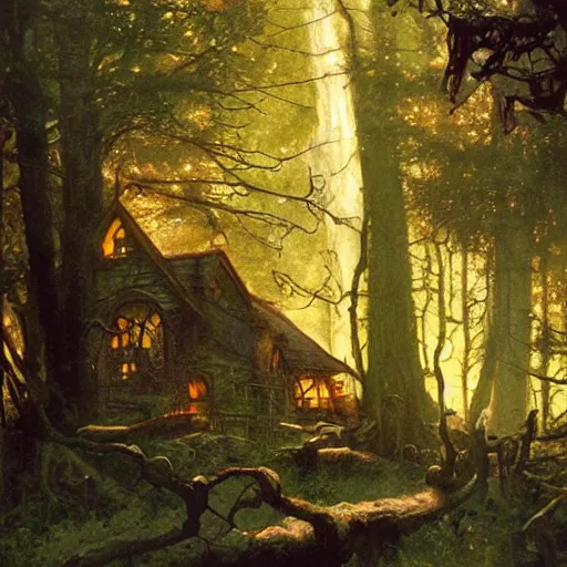 Image similar to witch cottage in the forest, art by norman rockwell and donato giancola and greg rutkowski, vintage scifi art, moody lighting, volumetric lighting