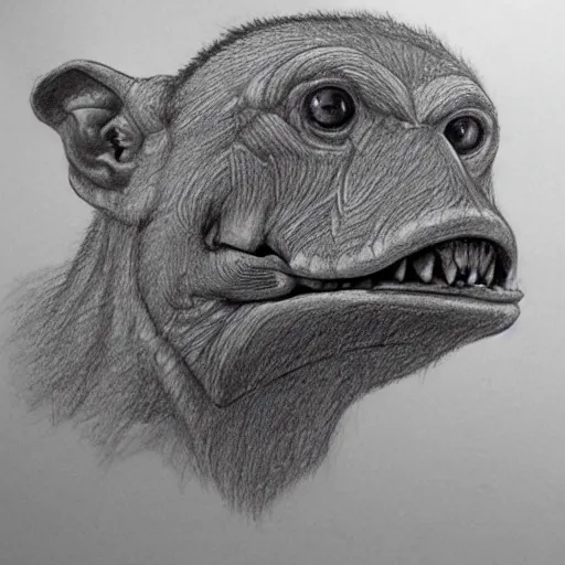 Image similar to drawing anatomical drawing eyes, detailed snout, neck the barbarian 1 billion years cinematic, realistic, intricate head, was flying kim tschang