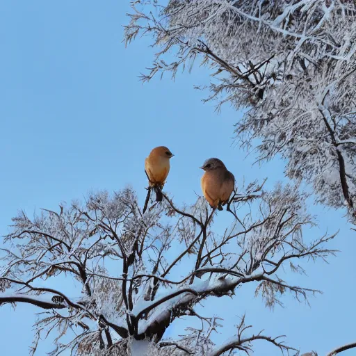 Prompt: Two birds on a withered treetop, covered with snow, warm sunlight in winter