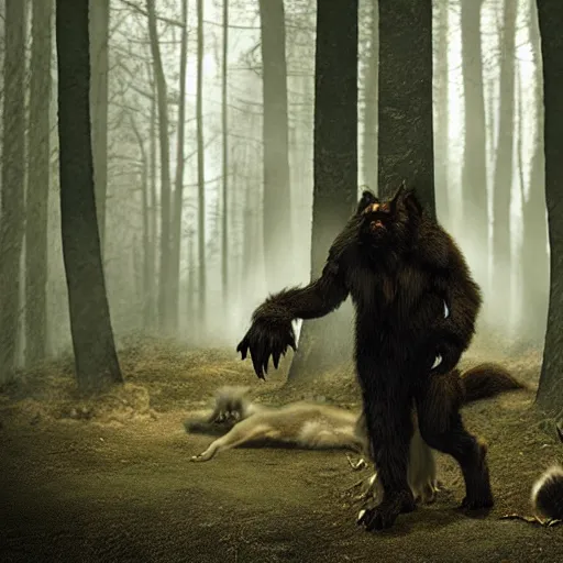 Image similar to werecreature consisting of a wolf and a human, photograph captured in a dark forest