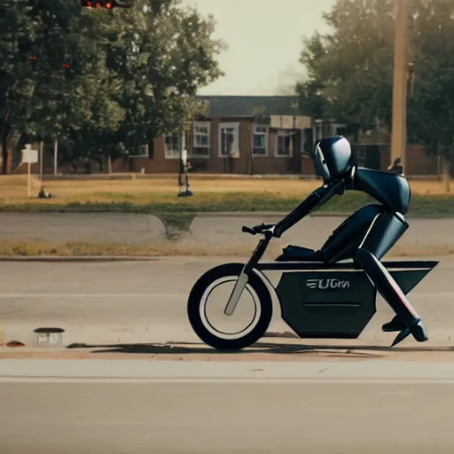 Prompt: Film still of 'Robot Future 2050'. Motorcycle chase scene. Sigma 85mm f/1.4