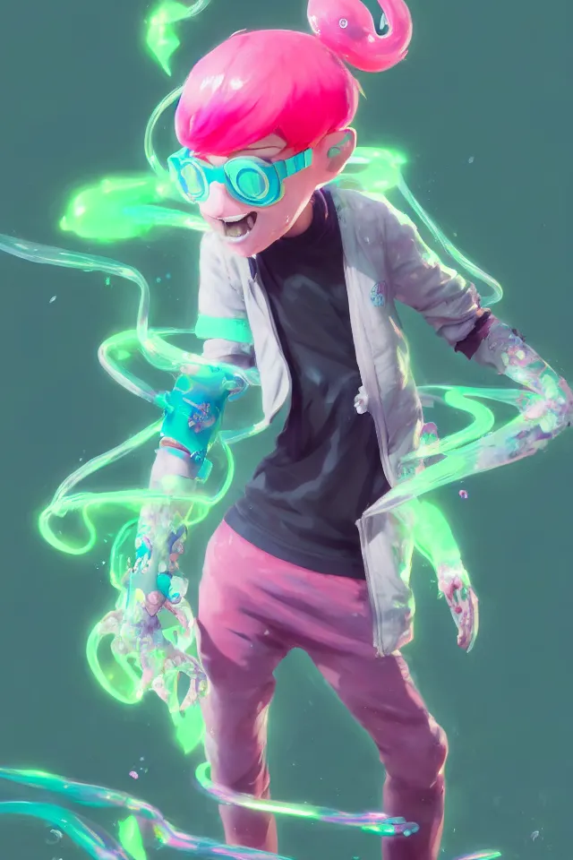 Image similar to a beautiful fullbody portrait of a cute splatoon anime boy with pink hair and green eyes wearing sports clothing tight leggings. character design by cory loftis, fenghua zhong, ryohei hase, ismail inceoglu and ruan jia. artstation, volumetric light, detailed, photorealistic, fantasy, rendered in octane