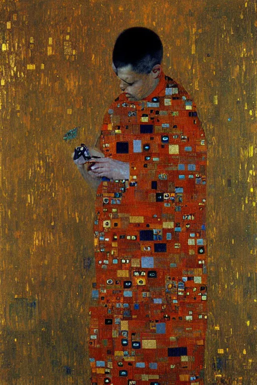 Image similar to robot monk painting a self - portrait on a canvas. intricate, highly detailed, photorealistic, film still, by gustav klimt.