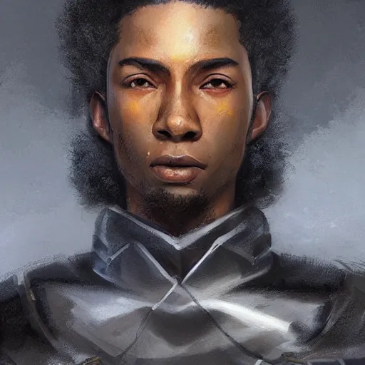 Image similar to portrait of a man by greg rutkowski, he is about 2 0 years old, mixture between afroamerican and japanese, afro hair, young, very tall and slender, he is wearing a futuristic police gear, highly detailed portrait, digital painting, artstation, concept art, smooth, sharp foccus ilustration, artstation hq