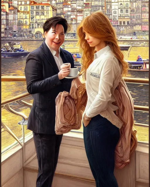 Image similar to Portrait of Michael Mcintyre & a blonde lady having coffee & croissants at waterfront in Porto,real life skin, intricate, elegant, highly detailed, artstation, concept art, smooth, sharp focus, art by artgerm and greg rutkowski and alphonse mucha