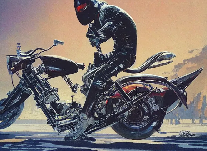 Prompt: ( ( ( ( ( classic vintage motorcycle, motorcycle concept art, sci - fi illustration, painting ) ) ) ) ) by vincent di fate and john berkey and rocketeer!!!!!!!