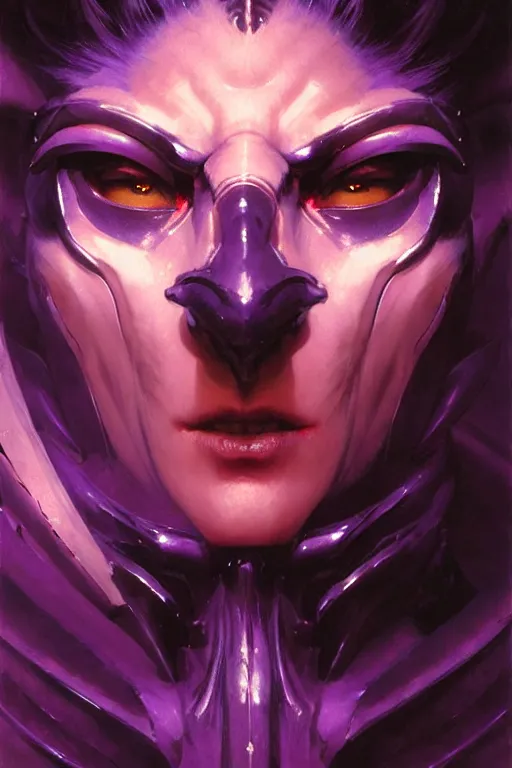 Image similar to extreme close up, facial portrait, woman with a long black ponytail in purple sci - fi armor, wearing a kitsune mask, shoulder pad is a glowing oni mask, striking pose, portrait dnd, painting by gaston bussiere, craig mullins, greg rutkowski, yoji shinkawa