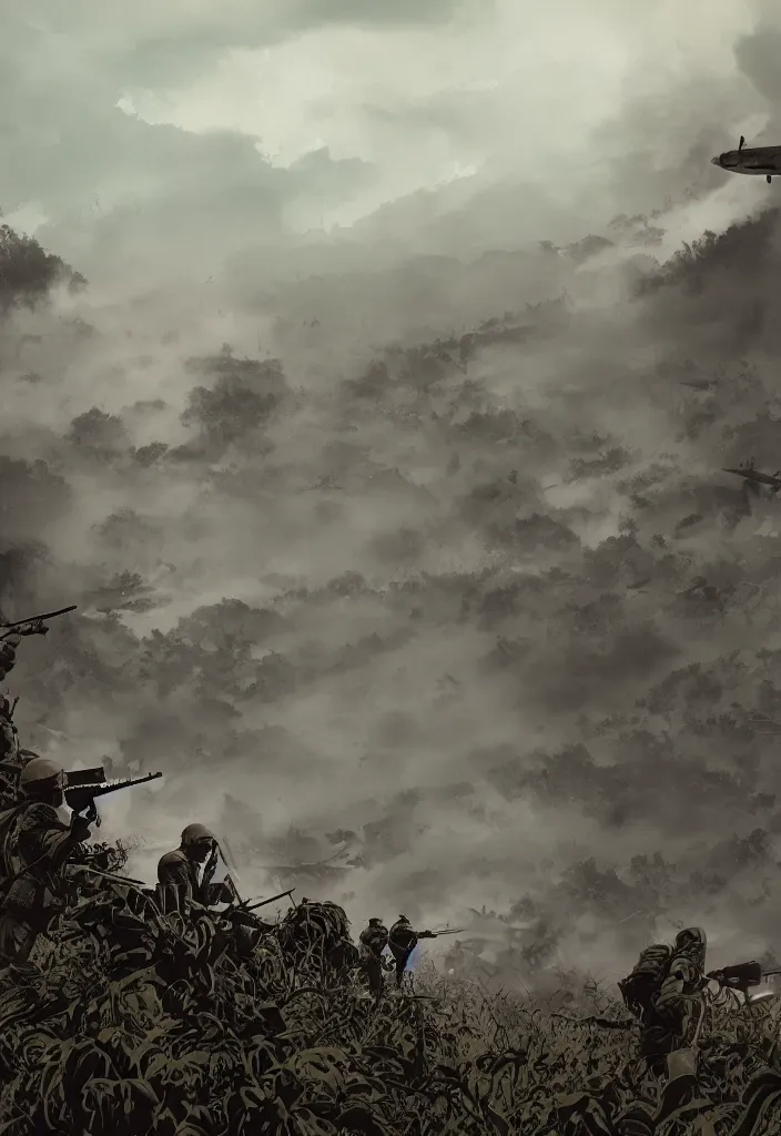 Image similar to handmade illustration of an epic and dramatic World War II war scene with only a few soldiers, the jungle at the background, some mist grey smoke and fire, blue sky with dramatic clouds, line art, ink, ol on canvas by Kilian Eng and by Jake Parker, heavy brushstrokes, winning-award masterpiece, fantastic, octane render, 8K HD Resolution, High quality image