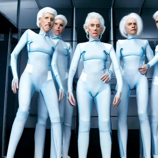 Image similar to troop of annie lennox women with white hair, white hair, tight light blue neopren suits, futuristic production facility, sci - fi, highly detailed, cinematic