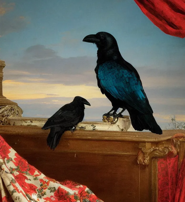 Prompt: a beautifully photoreal clear detailed victorian portrait of a close up raven on a victorian windowsill with an ornate velvet dark teal curtain at beautiful sunset daytime nature sunlit painting by frederic leighton and turner and rosetti, 8 k, octane render