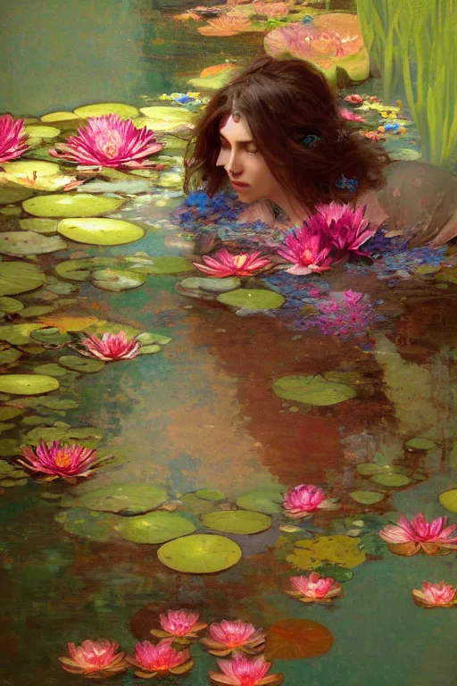 Prompt: a beautifull intricate painting of a disembodied soul surrounded by flowing flower petals and waterlily leaves, vivid colors, artstation, by jeremy mann, by alphonse mucha, intense colors, octane render