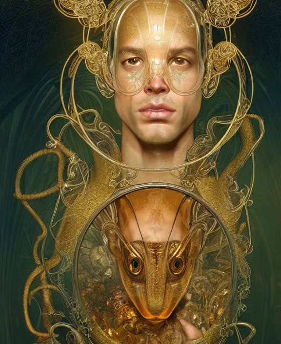 Image similar to intricate ornate opulent transparent clear see - through golden portrait of a beautiful male alien rat, mottled coloring, adorable, childlike, overgrown jungle environment, ultra realistic, concept art, art nouveau, photorealistic, octane render, 8 k, unreal engine. art by christopher marley and artgerm and greg rutkowski and alphonse mucha