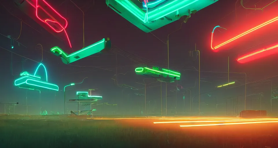 Prompt: Various Neon tube lights over a surreal landscape, rendered by simon stålenhag, rendered by Beeple, Makoto Shinkai, syd meade, environment concept, digital art, unreal engine, 3 point perspective, WLOP, trending on artstation, low level, 4K UHD image, octane render,