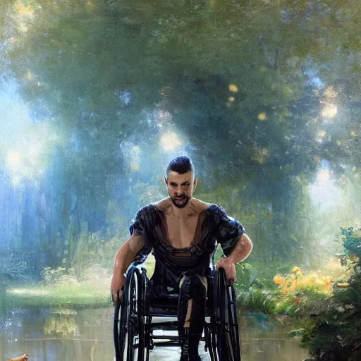 Prompt: handsome portrait of a wheelchair guy fitness posing, radiant light, caustics, war hero, smooth, one legged amputee, reflective water koi pond, lush garden surroundings, by gaston bussiere, bayard wu, greg rutkowski, giger, maxim verehin