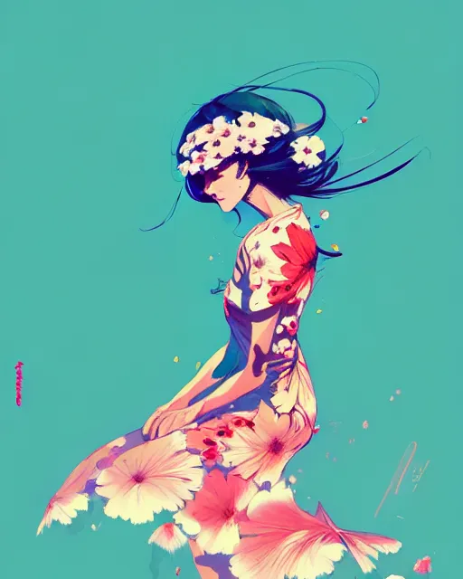 Image similar to a ultradetailed beautiful panting of a stylish woman in a flower dress, by conrad roset, greg rutkowski and makoto shinkai, trending on artstation