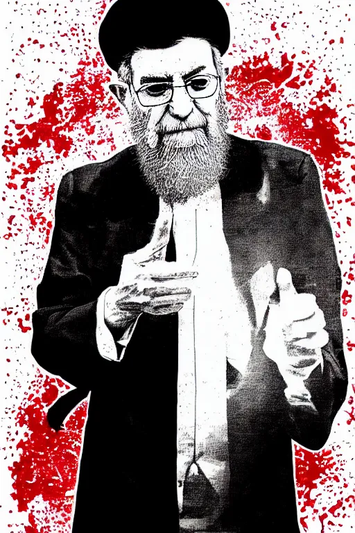Prompt: ali khamenei, quotes : destroy destroy america!!!, angry face, pointing index finger, justify content center, fix broken image!, violet polsangi pop art, gta chinatown wars art style, extreme quality masterpiece, bioshock infinite art style, incrinate, realistic anatomy, 2 color, white frame, content balance proportion