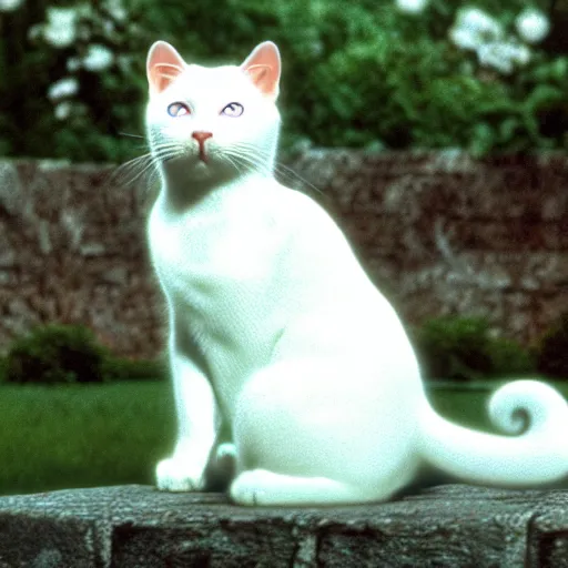 Prompt: a white cat with blue eyes singing to the sound of music, austria, film still, sound of music, 4 k, 8 k