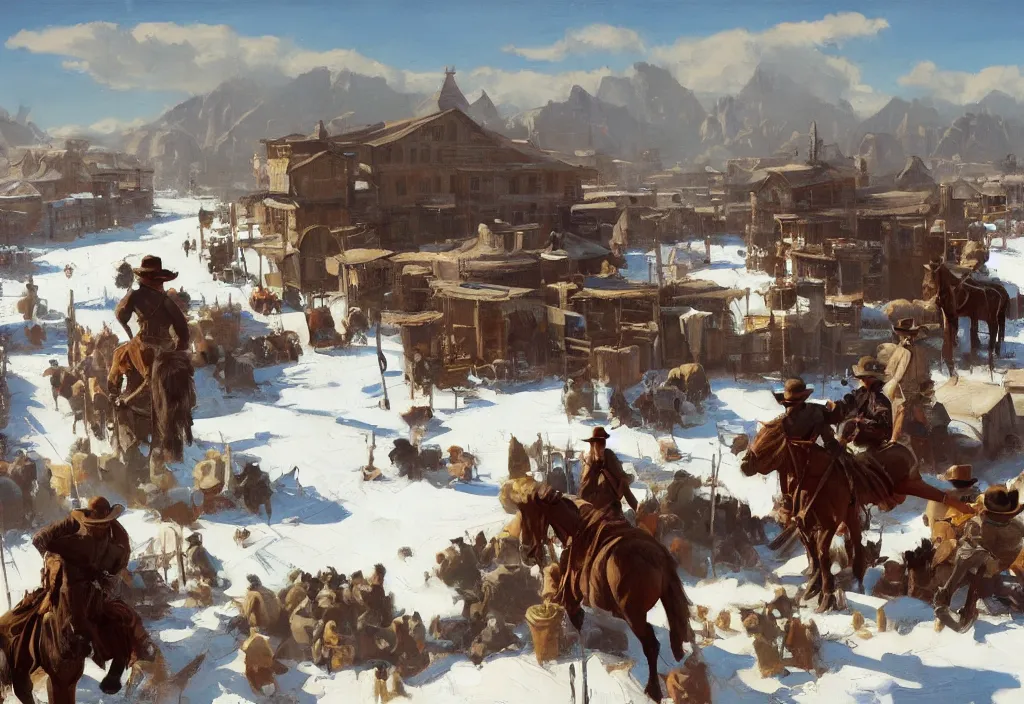 Image similar to greg manchess painting of a wild west town landscape with no person nor horse in the painting only buildings in the year 1 8 5 0, in winter, painting, trending on artstation, by huang guangjian and gil elvgren and sachin teng