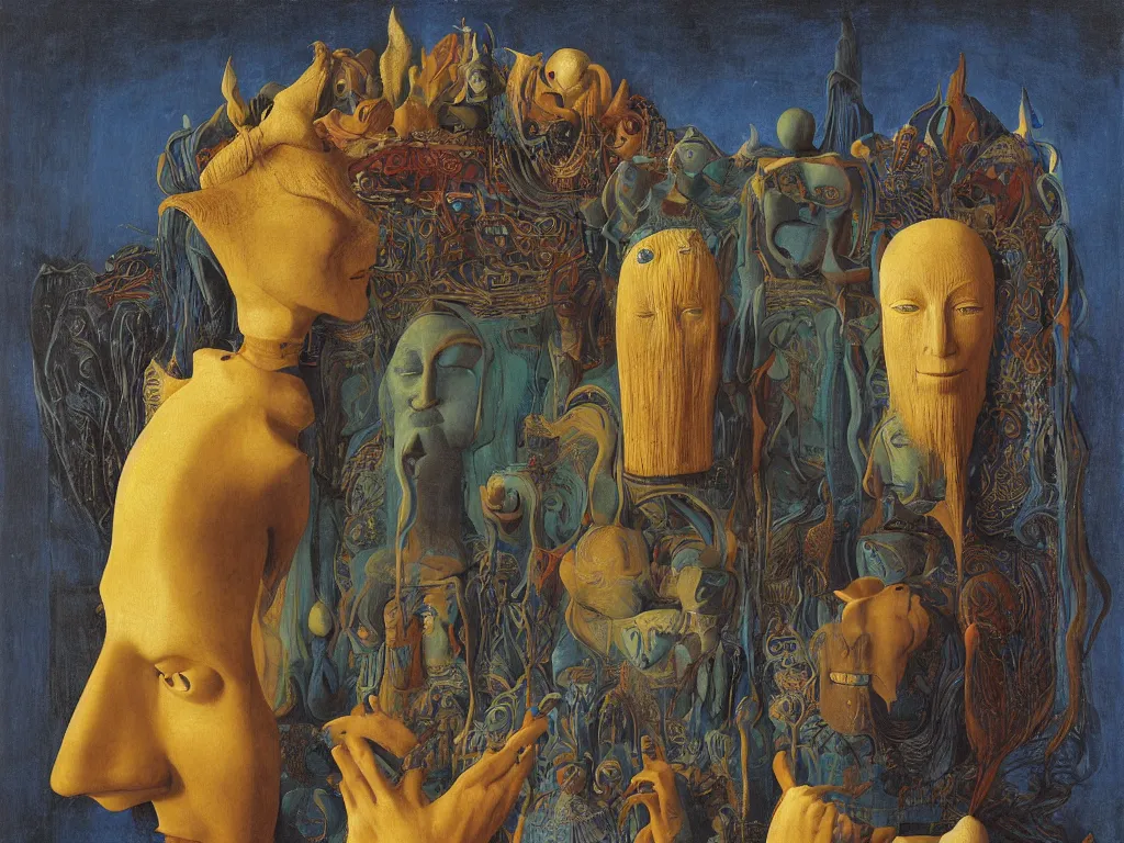 Image similar to portrait of albino mystic with blue eyes, with beautiful exotic, archaic, prehistoric, simple, giant Indian Tantric mask, sculpture. Night. Painting by Jan van Eyck, Audubon, Rene Magritte, Agnes Pelton, Max Ernst, Walton Ford