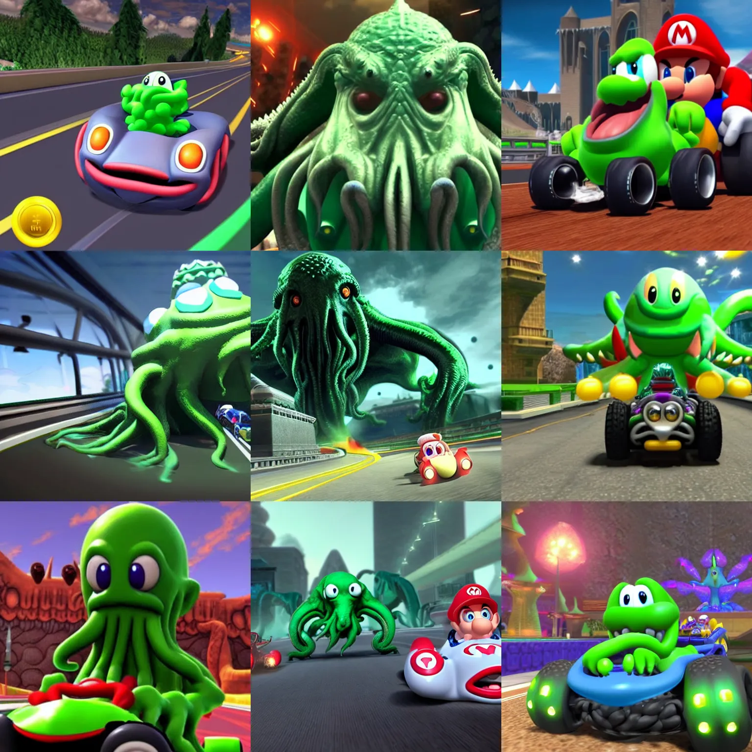 Prompt: detailed still image of cthulhu as a playable character, driving in mario kart, unreal engine