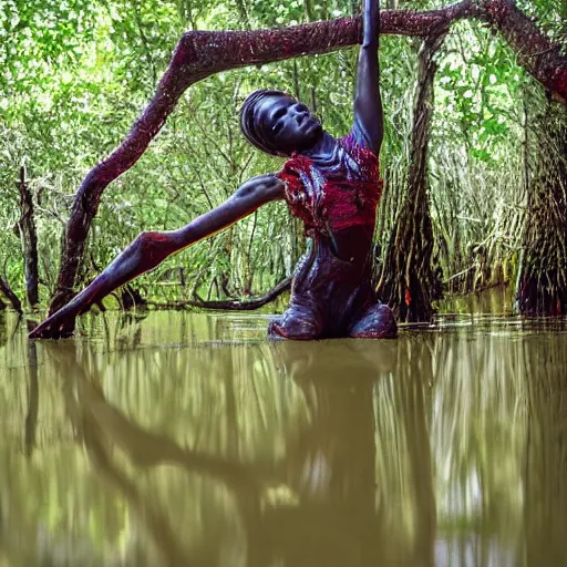 Prompt: a dancer made of wet clay in a mangrove swamp, cinematic light, beautiful dreamy lighting,