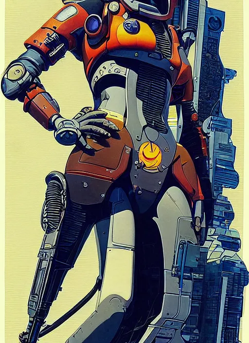 Image similar to powerful cyberpunk pilot. portrait by jean giraud and anton otto fischer and john philip falter and will eisner and gil elvgren and pixar. full body. realistic proportions. science fiction d & d. overwatch, rb 6 s, cyberpunk 2 0 7 7, blade runner 2 0 4 9 concept art. cel shading. thick lines.