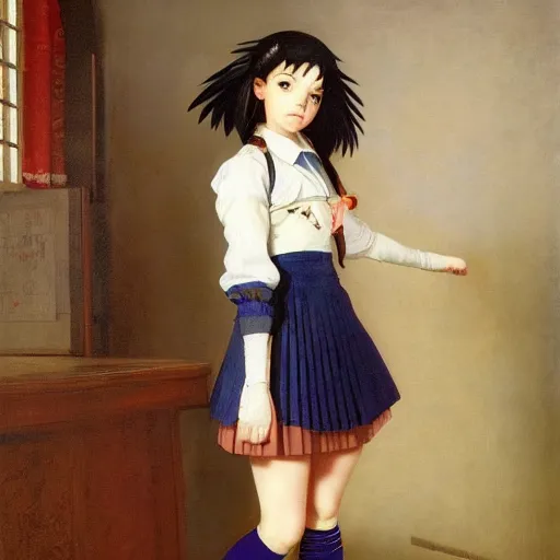 Prompt: school girl, school uniform, seifuku, pleated miniskirt, overknee socks, battle angel alita. by rembrandt 1 6 6 7, illustration, by konstantin razumov - h 8 3 2
