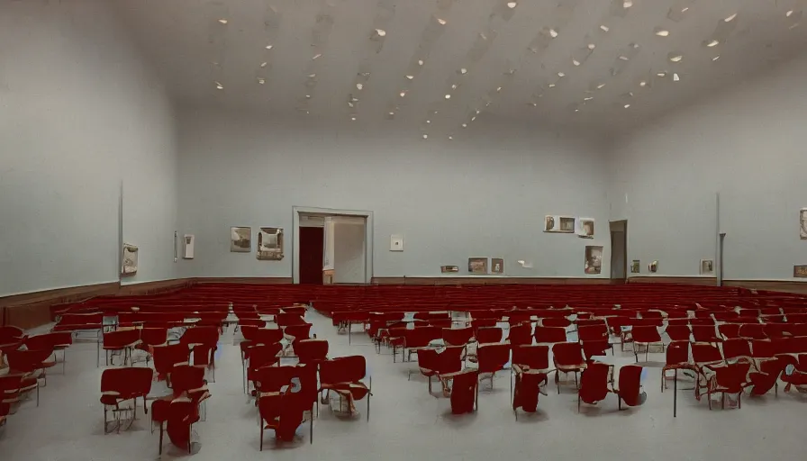 Prompt: 60s movie still of a sovietic empty museum stalinist style with one chair, cinestill 800t 10mm eastmancolor, liminal Space style, heavy grain, high quality, high details, panoramic